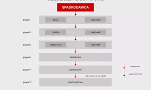 Schemat dziedziczenia ustawowego: spadkodawca, dzieci, małżonek, rodzice, rodzeństwo, dziadkowie, pasierbowie, skarb państwa.
