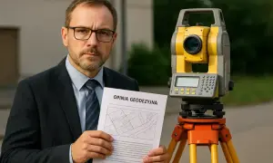 Biegły sądowy w okularach trzyma opinię geodezyjną obok tachimetru.