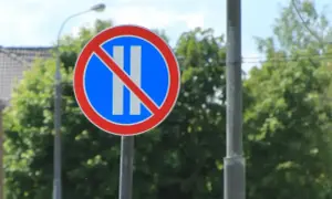 Znak zakazu zatrzymywania się. Kierowca, który nie zwraca uwagi na znaki, może liczyć na recydywę mandatu.
