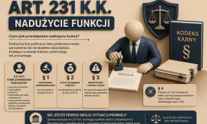 Ilustracja przedstawia art. 231 K.K. nadużycie funkcji. Widoczny jest urzędnik z pieczęcią, kodeks karny i waga sprawiedliwości.