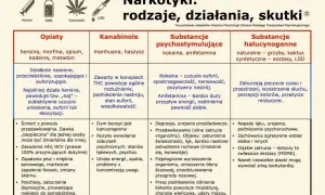 Tabela przedstawia 6 objawów uzależnienia od narkotyków: opiatów, kanabinoli, substancji psychostymulujących i halucynogennych.