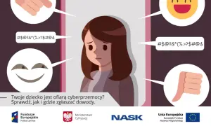 Smutna dziewczynka otoczona symbolami hejtu i wyzwisk. Czy Twoje dziecko doświadcza cyberprzemocy?