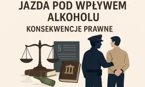 Jazda po alkoholu to poważne wykroczenie, grozi za nią 178a kk. Ilustracja pokazuje zatrzymanie przez policję, wagę sprawiedliwości i kodeks.