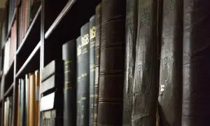 Rząd starych, oprawionych w skórę ksiąg prawnych na półce bibliotecznej.