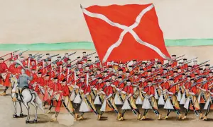 Żołnierze w czerwonych strojach maszerują z karabinami pod wielką czerwoną flagą. To obraz pospolitego ruszenia.