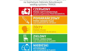 System TRIAGE na SOR: czerwony (natychmiastowa), pomarańczowy (bardzo pilna, do 10 min), żółty (pilna, do 60 min), zielony (odroczona, do 4h), niebieski (wyczekujący, do 6h).