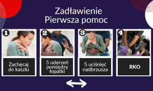 Pierwsza pomoc przy zadławieniu: zachęcaj do kaszlu, wykonaj 5 uderzeń między łopatki, 5 uciśnięć nadbrzusza, a w razie potrzeby RKO.