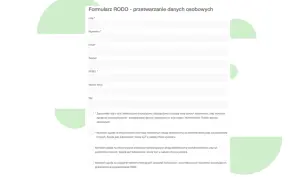 Formularz RODO: zgody na przetwarzanie danych osobowych, marketing, informacje handlowe i SMS.