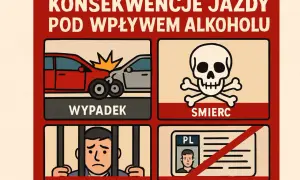 Konsekwencje jazdy po alkoholu: wypadek, śmierć, więzienie, utrata prawa jazdy. Nie ryzykuj!