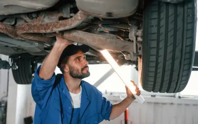Mechanik z latarką bada podwozie auta. Upewnia się, że nie ma **braku przeglądu powyżej 30 dni**, by zapewnić bezpieczeństwo.