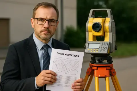 Biegły sądowy w okularach trzyma opinię geodezyjną obok tachimetru.