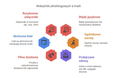 Diagram przedstawiający wskaźniki phishingowych e-maili: ryzykowne załączniki, skrócone linki, pilne działania, podejrzane adresy, ogólnikowe zwroty, błędy językowe.