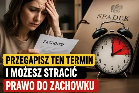 Zmartwiona kobieta trzyma dokument "Zachowek", obok budzik i teczka "Spadek".