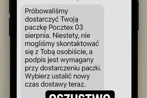 Oszustwo typu smishing: SMS o niedostarczonej paczce Pocztex z linkiem do zmiany terminu odbioru. Uważaj na podejrzane wiadomości!