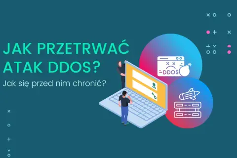 Ilustracja przedstawia laptopa z ikonami ataku DDoS i rakiety, symbolizującymi ochronę serwisu.