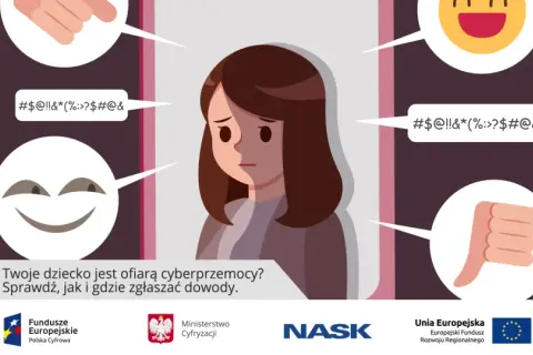 Smutna dziewczynka otoczona symbolami hejtu i wyzwisk. Czy Twoje dziecko doświadcza cyberprzemocy?