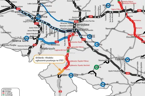 Mapa drogowa Dolnego Śląska z zaznaczonymi drogami ekspresowymi i autostradami.