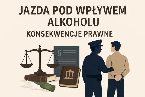 Jazda po alkoholu to poważne wykroczenie, grozi za nią 178a kk. Ilustracja pokazuje zatrzymanie przez policję, wagę sprawiedliwości i kodeks.