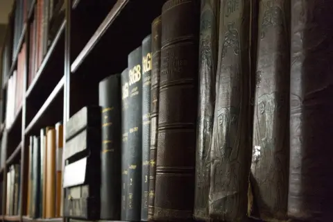 Rząd starych, oprawionych w skórę ksiąg prawnych na półce bibliotecznej.