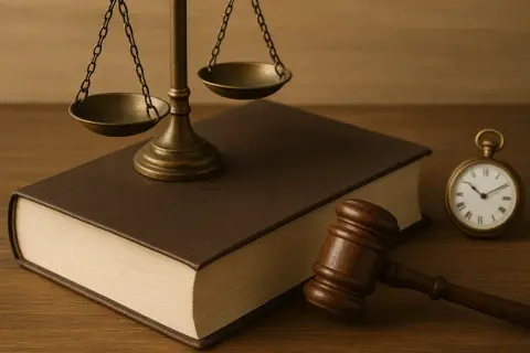 Waga sprawiedliwości, księga prawa i młotek sędziowski. Czas ucieka, a zachowek przedawnienie to ważne kwestie prawne.