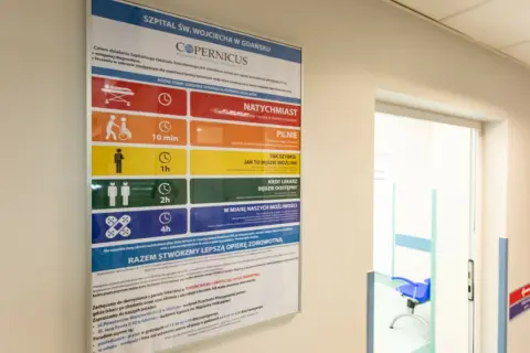 Plakat w szpitalu przedstawia zasady triażu medycznego, określając czas oczekiwania na pomoc w zależności od stanu pacjenta.