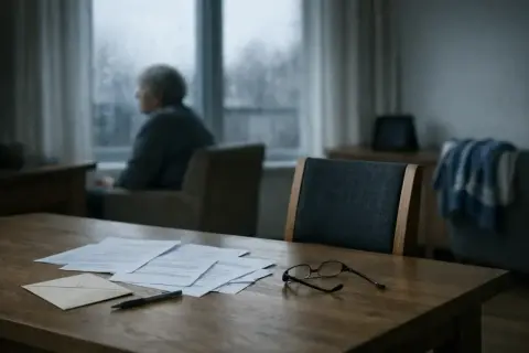 Smutna starsza osoba patrzy przez okno. Na stole leżą dokumenty, koperta, długopis i okulary. Czy to testament i wydziedziczenie?