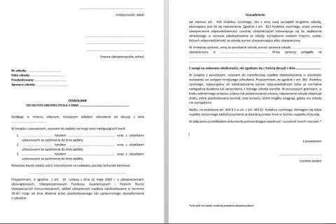 Formularz odwołania od decyzji ubezpieczyciela, wzywający do zapłaty odszkodowania i zadośćuczynienia.
