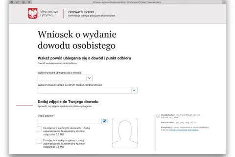 Formularz wniosku o dowód osobisty. Wybierz powód, urząd odbioru i dodaj zdjęcie.
