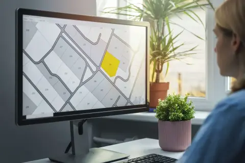 Kobieta analizuje wypis i wyrys z rejestru gruntów na ekranie komputera, gdzie widoczny jest podział działek z numeracją.