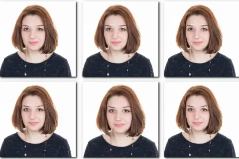 Sześć identycznych zdjęć młodej kobiety z rudymi włosami, idealnych jako ile zdjęć do dowodu.