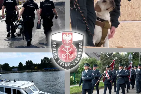 Celnik w mundurze prowadzi psa służbowego. Inni celnicy idą w szyku, a także patrolują wodę łodzią.