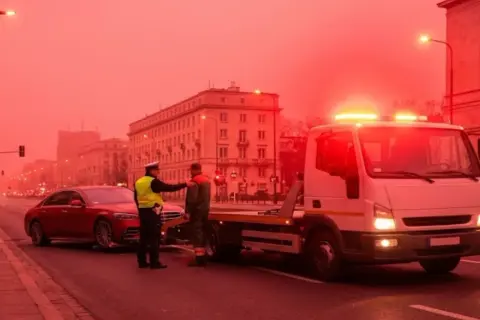 Policjant nadzoruje konfiskatę samochodu. Czerwony sedan jest ładowany na lawetę, podczas gdy migające światła ostrzegawcze oświetlają scenę w mieście.