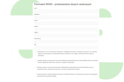 Formularz RODO: zgody na przetwarzanie danych osobowych, marketing, informacje handlowe i SMS.