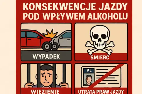 Konsekwencje jazdy po alkoholu: wypadek, śmierć, więzienie, utrata prawa jazdy. Nie ryzykuj!