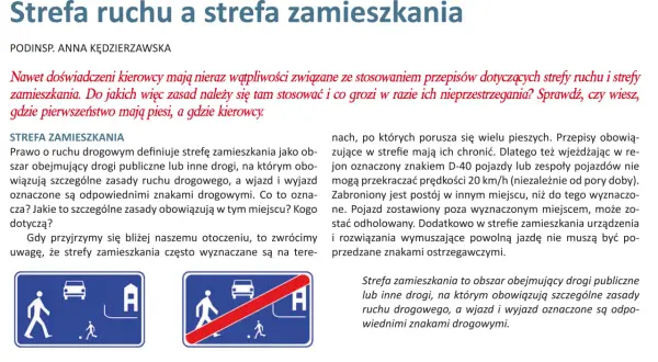 Znaki drogowe informują o wjeździe do strefy zamieszkania, gdzie piesi mają pierwszeństwo. Obowiązuje tam ograniczenie prędkości do 20 km/h.