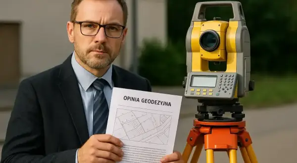 Biegły sądowy w okularach trzyma opinię geodezyjną obok tachimetru.