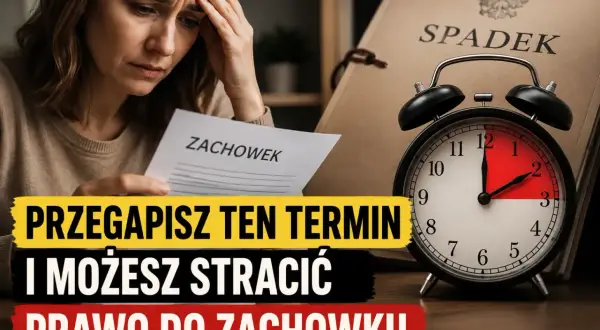 Zmartwiona kobieta trzyma dokument "Zachowek", obok budzik i teczka "Spadek".