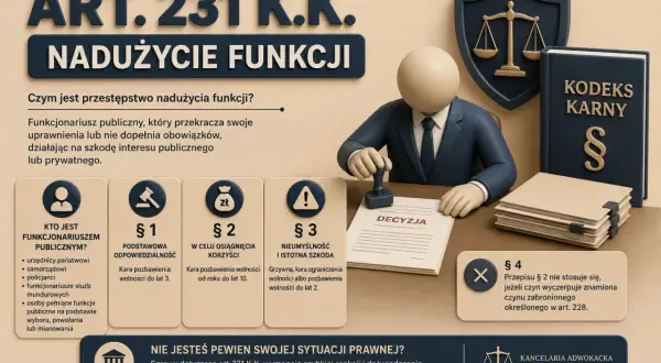 Ilustracja przedstawia art. 231 K.K. nadużycie funkcji. Widoczny jest urzędnik z pieczęcią, kodeks karny i waga sprawiedliwości.
