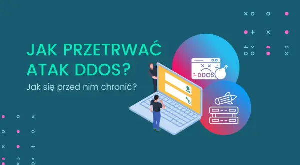 Ilustracja przedstawia laptopa z ikonami ataku DDoS i rakiety, symbolizującymi ochronę serwisu.