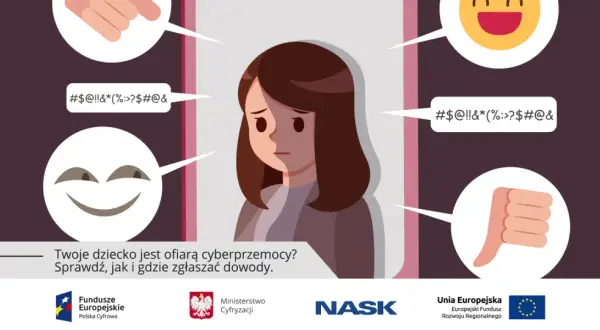 Smutna dziewczynka otoczona symbolami hejtu i wyzwisk. Czy Twoje dziecko doświadcza cyberprzemocy?