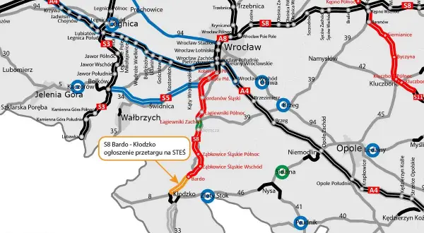 Mapa drogowa Dolnego Śląska z zaznaczonymi drogami ekspresowymi i autostradami.