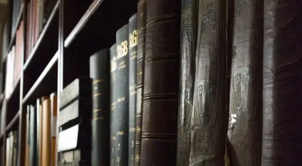 Rząd starych, oprawionych w skórę ksiąg prawnych na półce bibliotecznej.