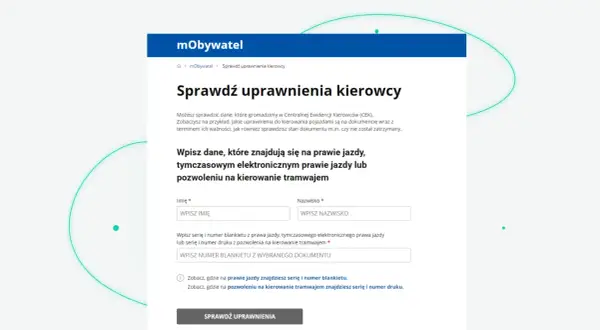 Strona mObywatel pozwala sprawdzić, czy trzeba mieć przy sobie prawo jazdy, wpisując dane z dokumentu.