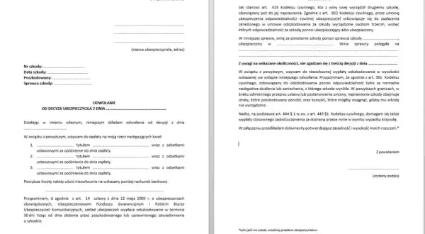 Formularz odwołania od decyzji ubezpieczyciela, wzywający do zapłaty odszkodowania i zadośćuczynienia.