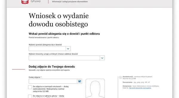 Formularz wniosku o dowód osobisty. Wybierz powód, urząd odbioru i dodaj zdjęcie.