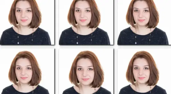 Sześć identycznych zdjęć młodej kobiety z rudymi włosami, idealnych jako ile zdjęć do dowodu.