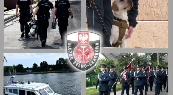 Celnik w mundurze prowadzi psa służbowego. Inni celnicy idą w szyku, a także patrolują wodę łodzią.