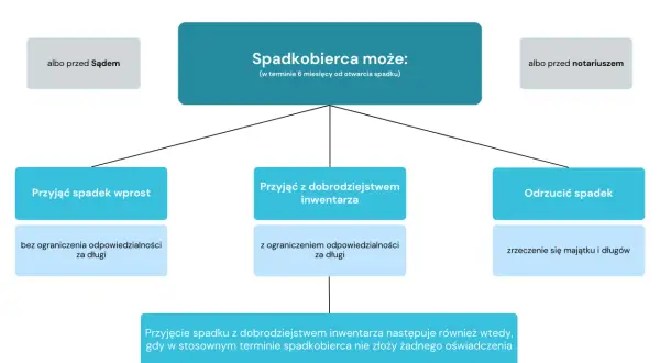 Spadkobierca ma 6 miesięcy na decyzję: przyjąć spadek wprost, z dobrodziejstwem inwentarza, lub odrzucić go.