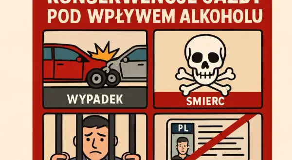 Konsekwencje jazdy po alkoholu: wypadek, śmierć, więzienie, utrata prawa jazdy. Nie ryzykuj!