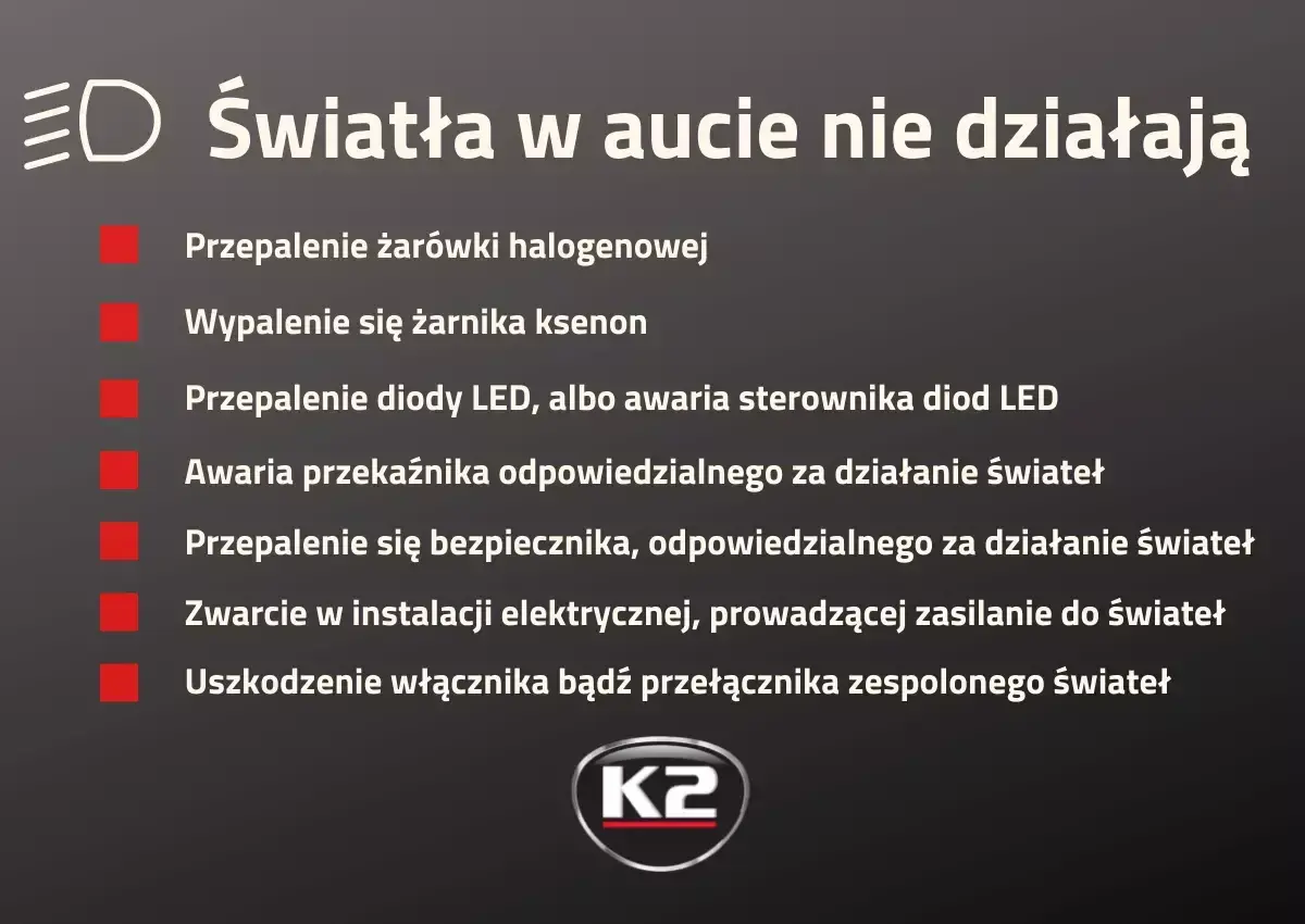 Lista przyczyn niedziałania świateł w aucie: przepalone żarówki, awarie przekaźników, bezpieczników, instalacji elektrycznej, włącznika. Sprawdź, na jakich światłach się jeździ.